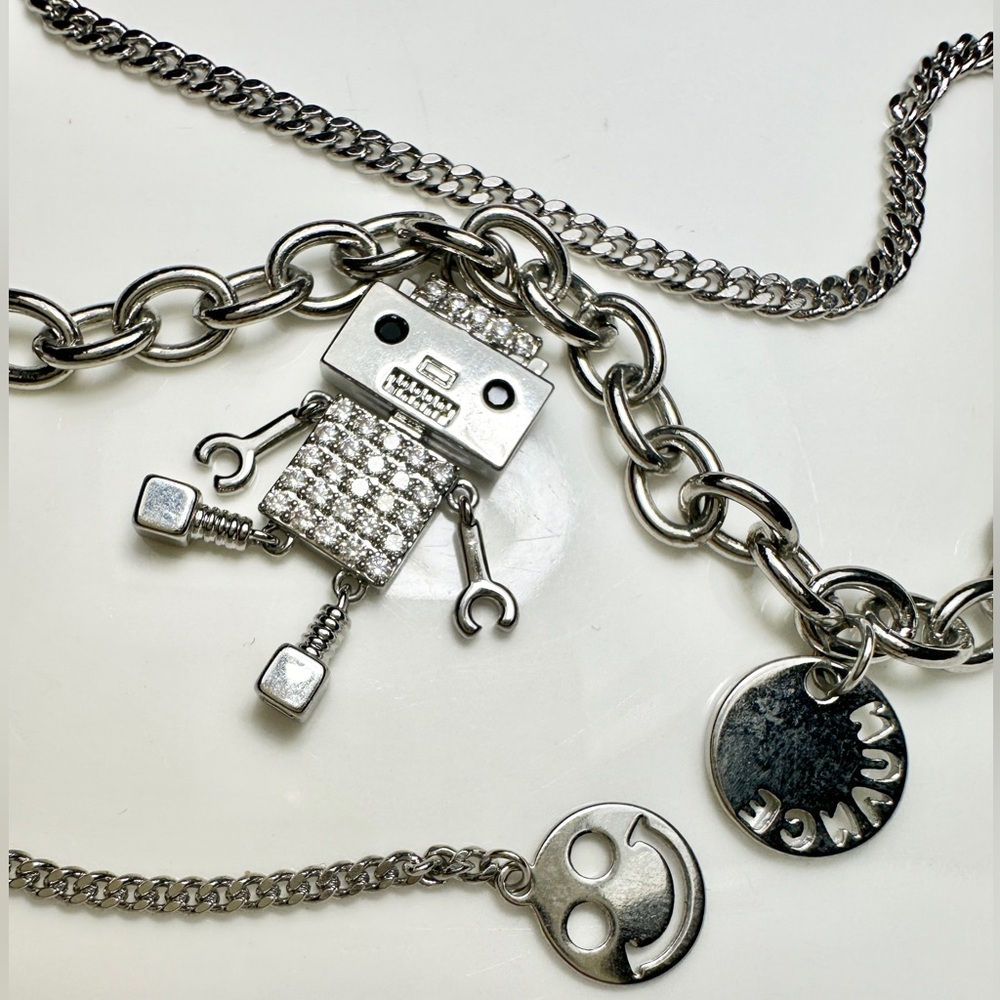 Double Loop Silver Robot Charm Necklace #S7